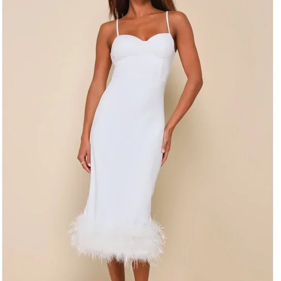 Lulus Passion For Glamour White Sleeveless Bustier Feather Midi Dress - Size L - Picture 5 of 5